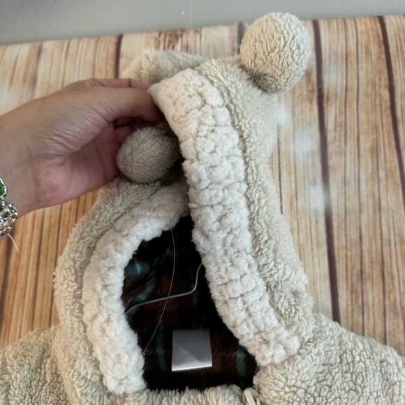 QT Baby Faux Fur Puffer One Piece Footie Full Zipper Hooded Bear Ears Beige 12m - Picture 10 of 12